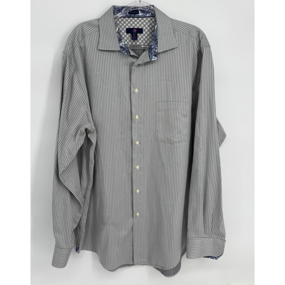 Egara Mens Sz 2XLT Grey White Striped Non Iron Cotton Dress Shirt Paisley Trim